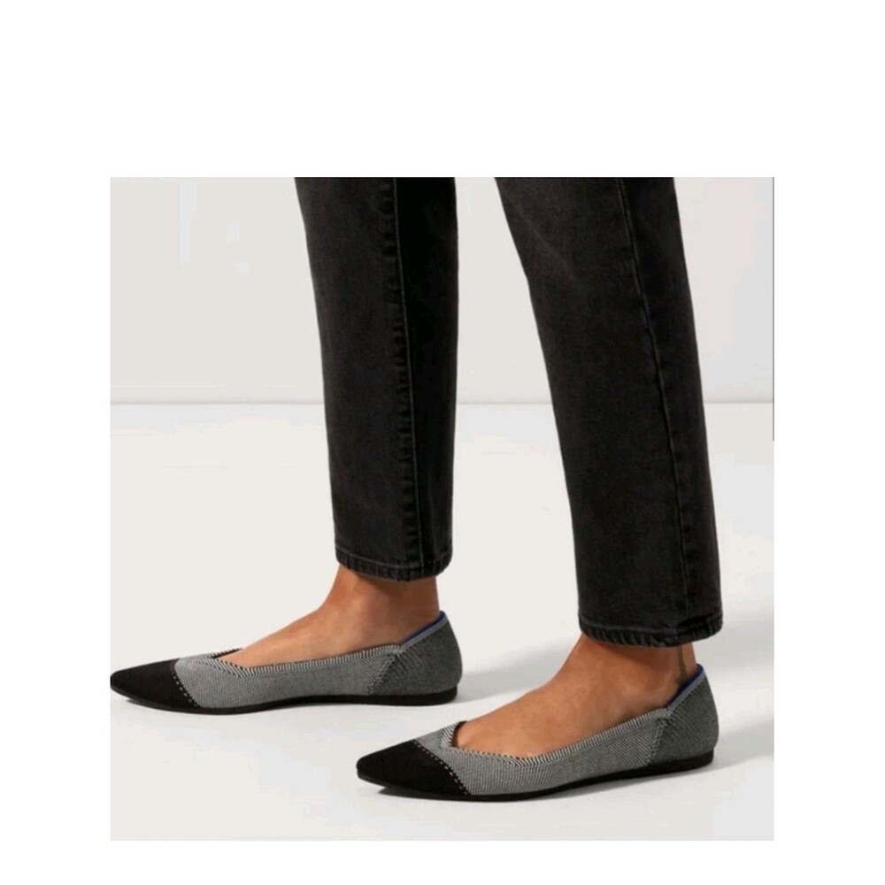 Rothy's The Point Gray Mist Cap Toe Slip-On Ballet Flat with Blue Trim